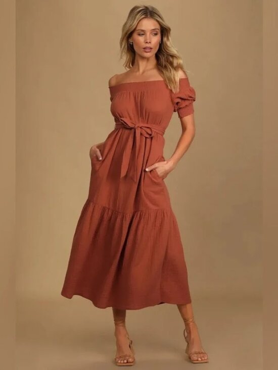 Lulus Dresses & Skirts - NWT Lulu's Ready for Sunshine Rust Orange Off-the-Shoulder Midi Maxi Dress M